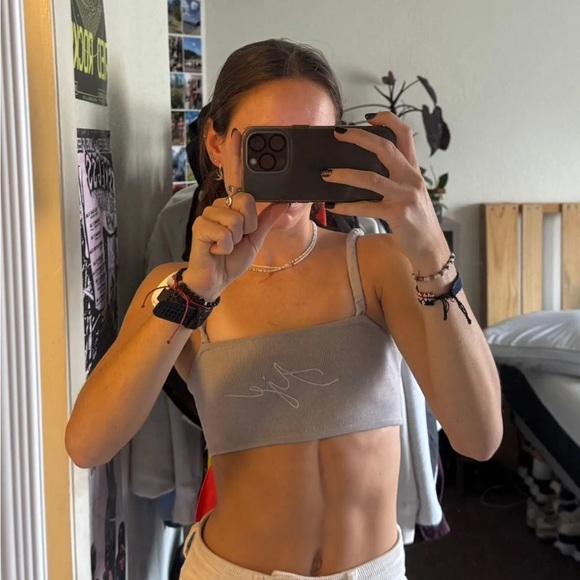 Aje Tops - Aje Light Gray Ribbed Bandeau Crop Top